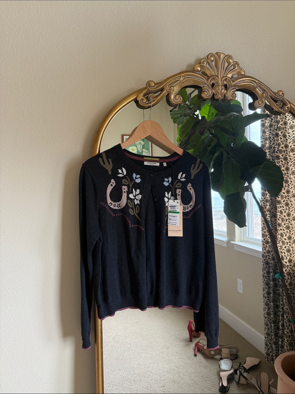 Scotch & Soda Black Crewneck Cardigan with Western Embroidered Motif